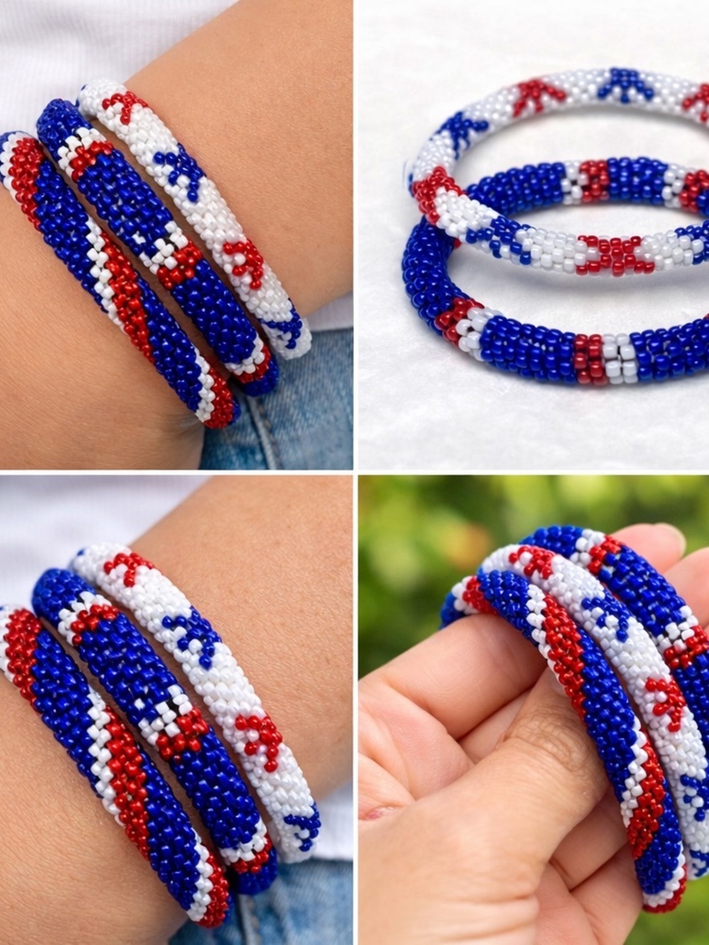 3 Piece Bundle Sashka Glass Beaded Bracelet Stack Red White and Blue | Boho